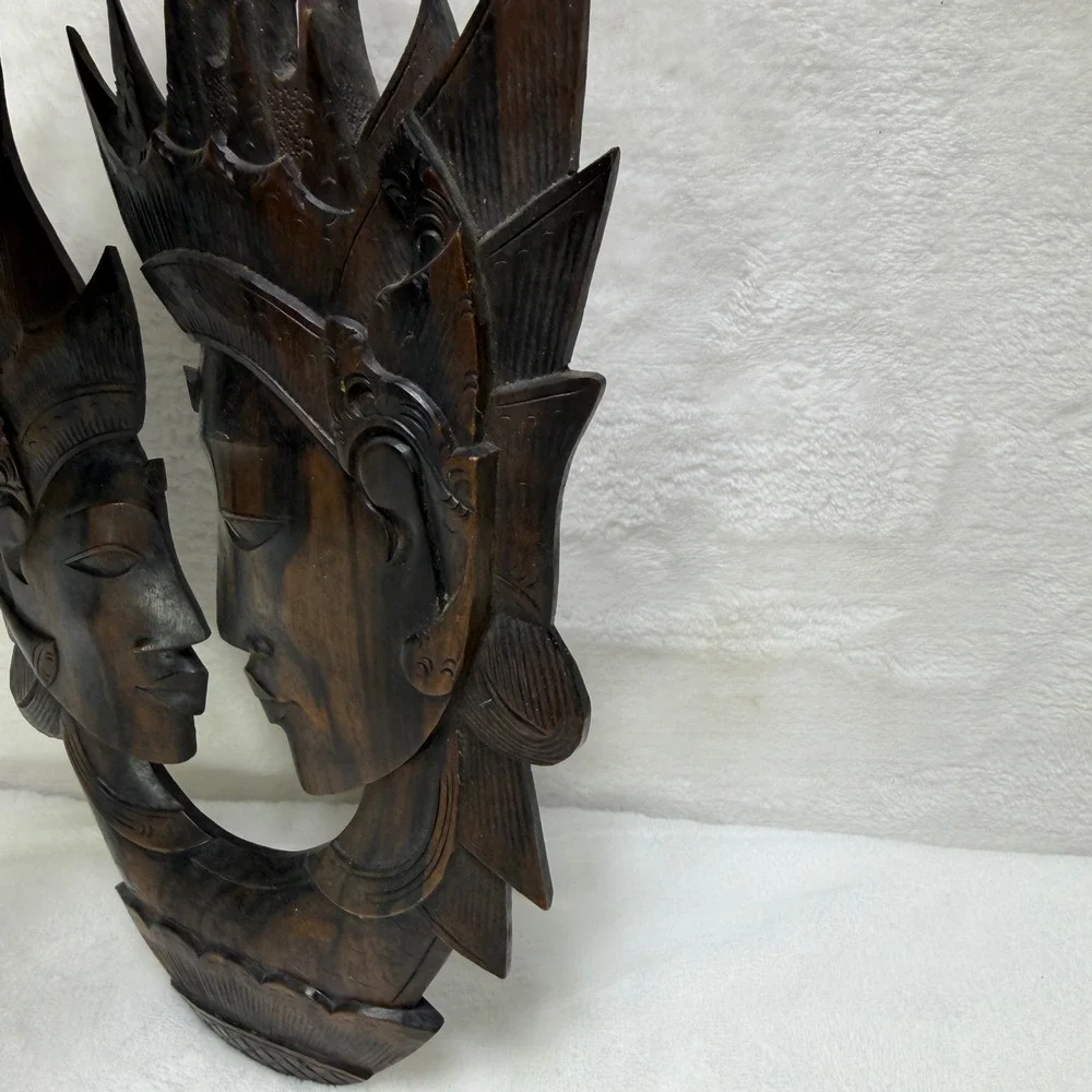 Vintage Hand Carved Wood Balinese Romantic Couple Wall Art Plaque‎ Sculpture 12